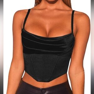 Lovesome Black Satin Spaghetti Strap Bustier Cowl Crop Top Size Large